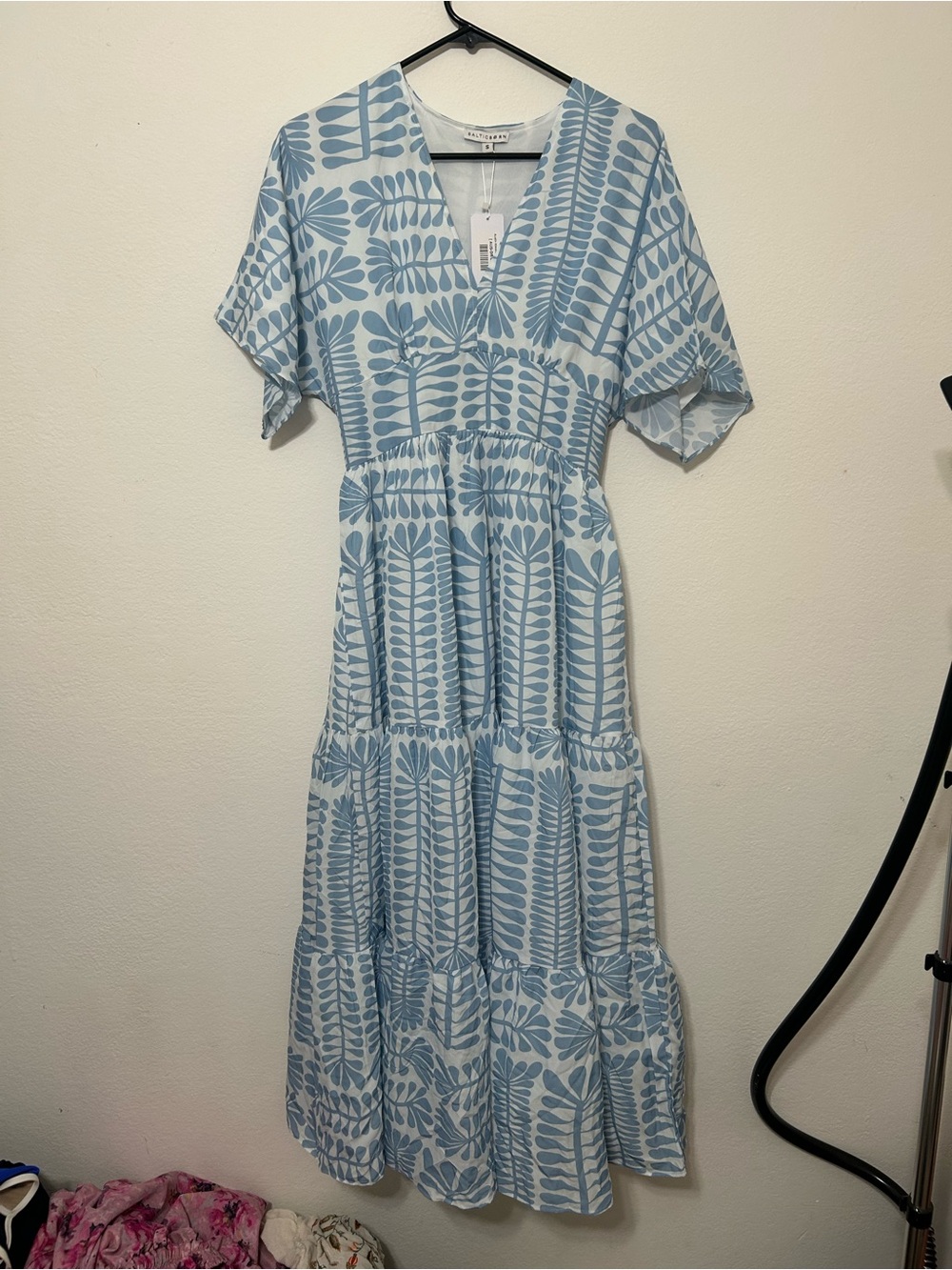 Baltic Born Austin kimono- Light Blue Patterned V-Neck Tiered Maxi Dress